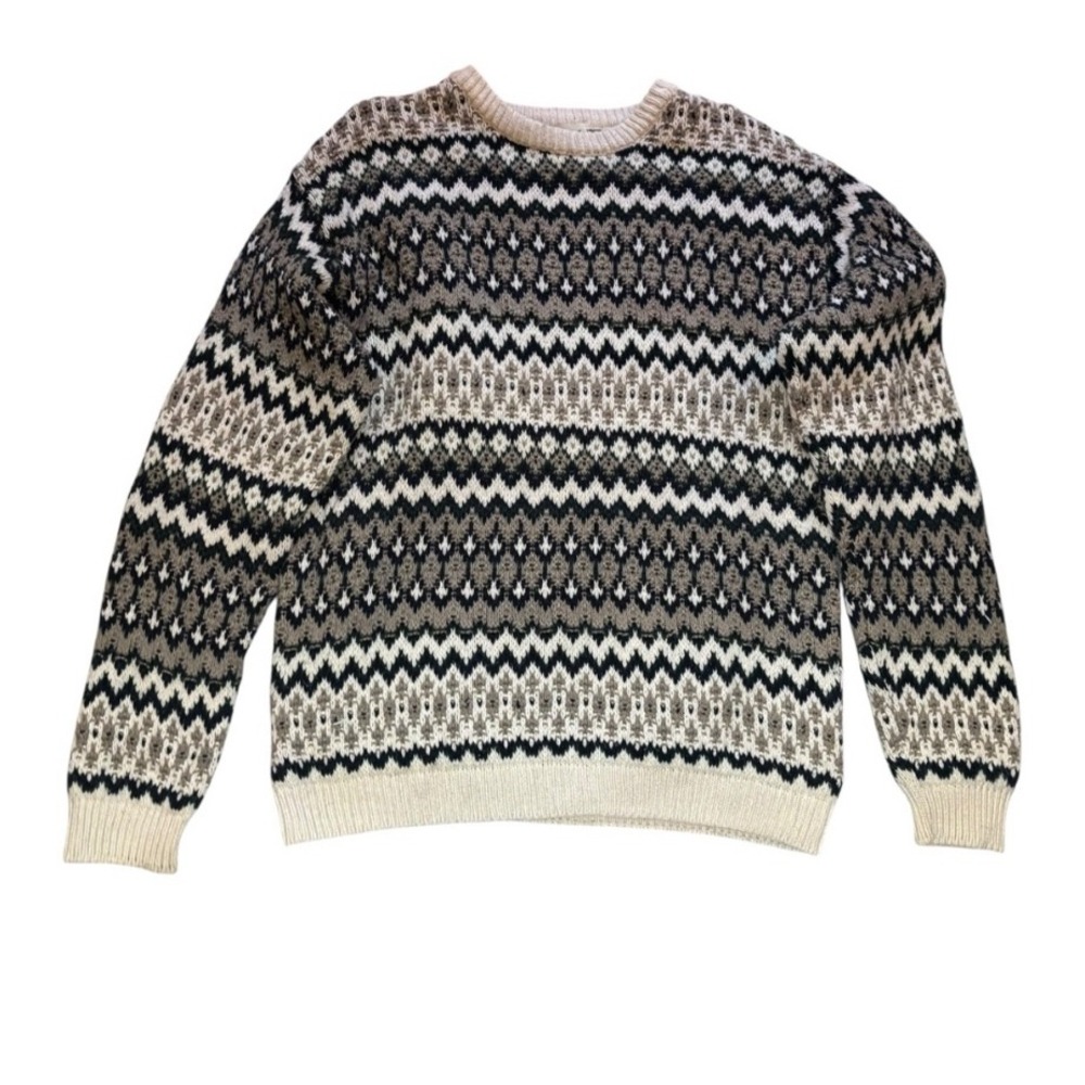 Eddie Bauer Mens Large Fair Isle Knit Cotton Sweater‎ Beige Black Gray Green